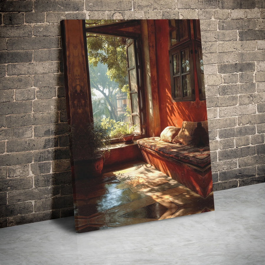 Rustic Window Nook Canvas Print | Terracotta Sunlit Interior Art | Premium Gallery Wrap Wall Decor | Warm Bohemian Home Accent