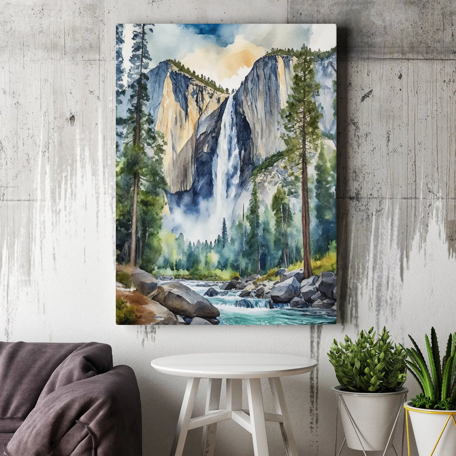 Yosemite Falls Wall Art | Watercolor National Park Landscape Painting | Premium Gallery-Wrapped Canvas | Nature Lover Gift & Office Decor