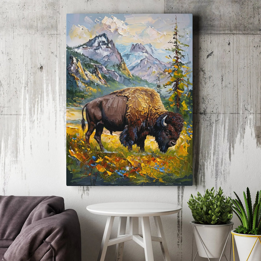 Bison Mountain Canvas Wall Art | Textured Impasto Style Wildlife Painting | Premium Gallery Wrapped Canvas | Rustic Western Home Decor Gift for Nature Lover