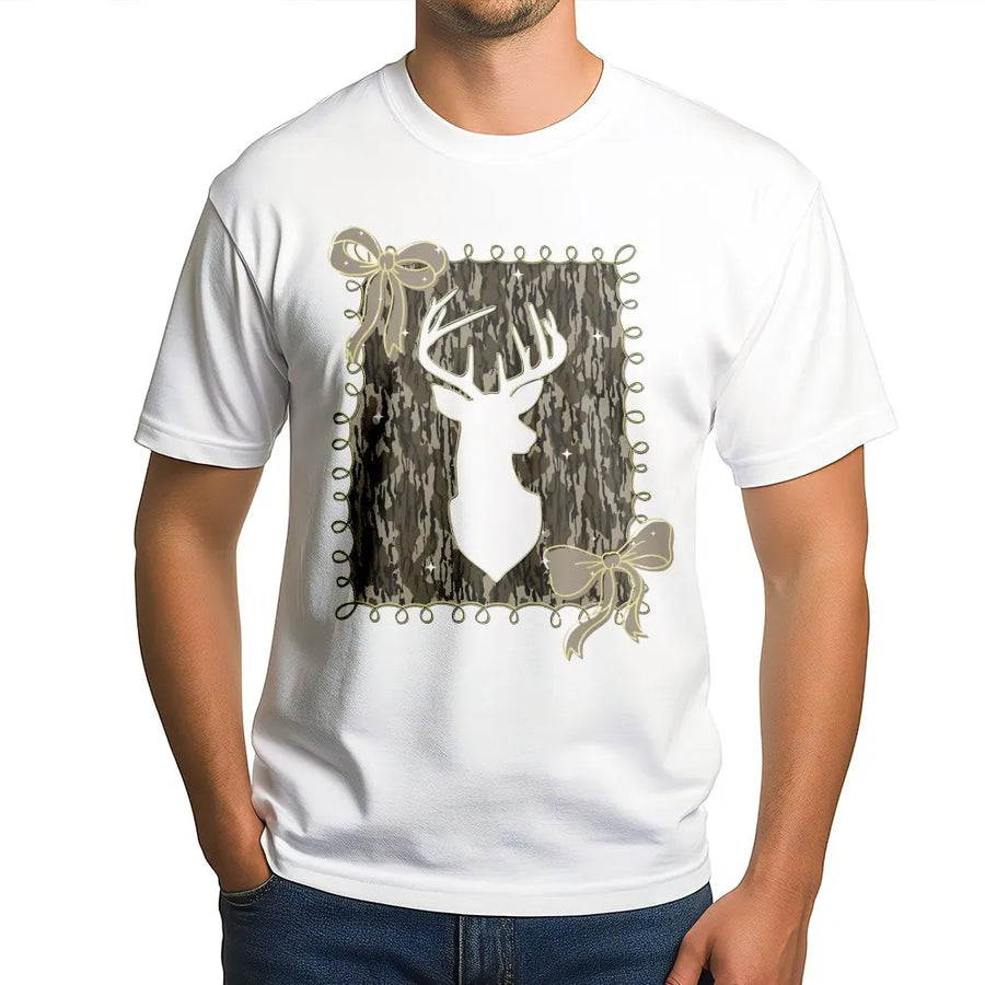 Deer Head Camo T-Shirt | Rustic Bow Graphic Design | 100% Cotton Premium Tee | Country Girl Hunting Gift for Outdoorswomen