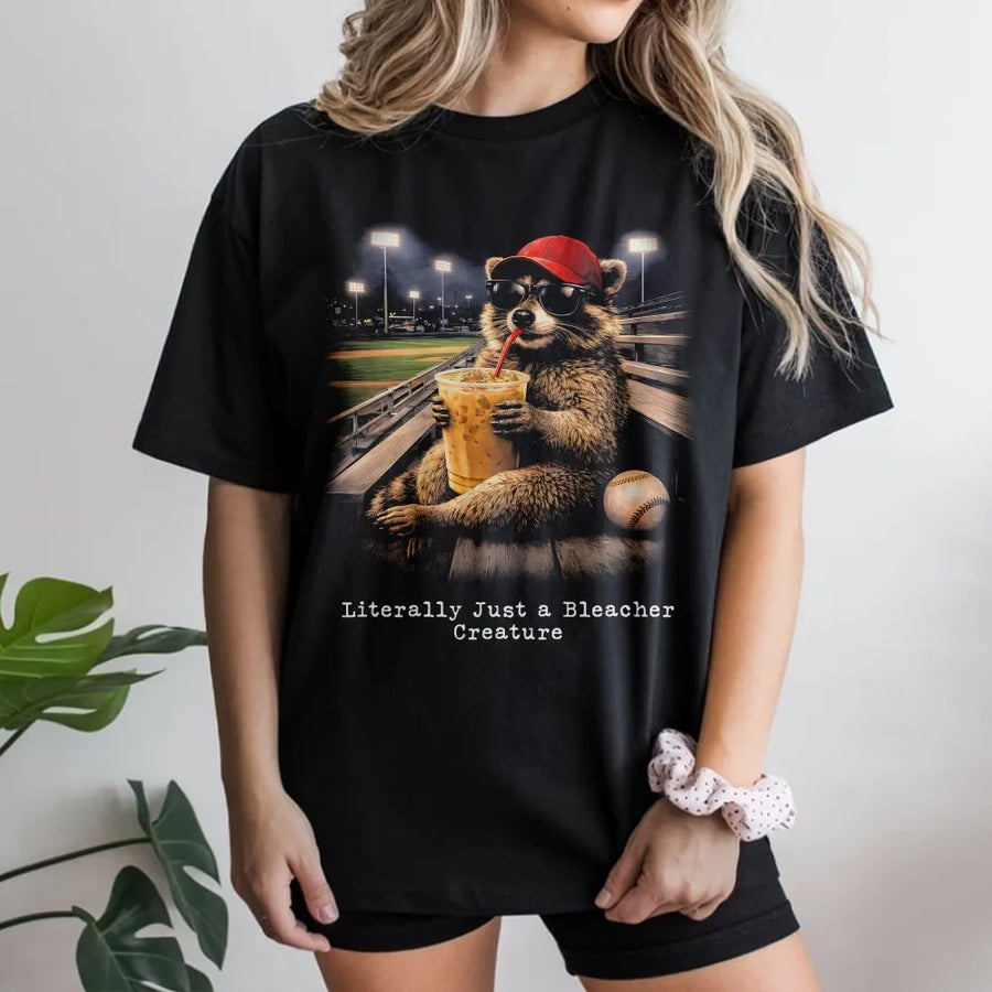 Funny Raccoon T-Shirt | Bleacher Creature Baseball Design | 100% Cotton Premium Tee | Unique Gift for Baseball Fans & Coffee Lovers