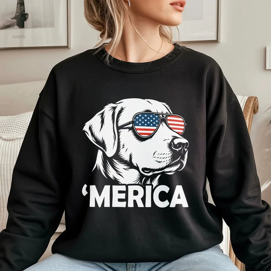 Merica Dog Sweatshirt | Golden Retriever with USA Flag Sunglasses | Soft Cotton Blend | Funny 4th of July Patriotic Gift for Dog Lovers