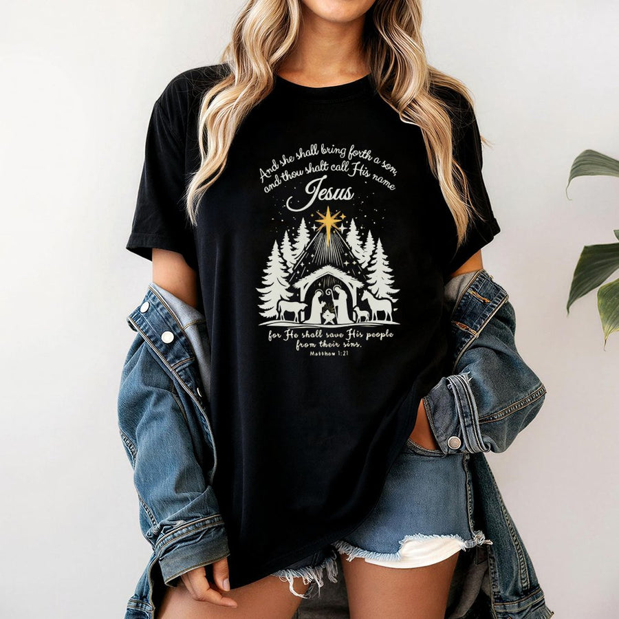 Nativity Scene T-Shirt | Matthew 1:21 Bible Verse Design | 100% Cotton Premium Crewneck | Christian Religious Christmas Gift for Women