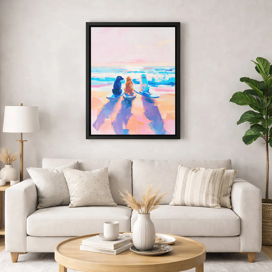 Three Dogs On Surfboards Canvas Art | Beach Impressionist Painting | Premium Gallery-Wrapped Print | Dog Lover Gift For Home Decor