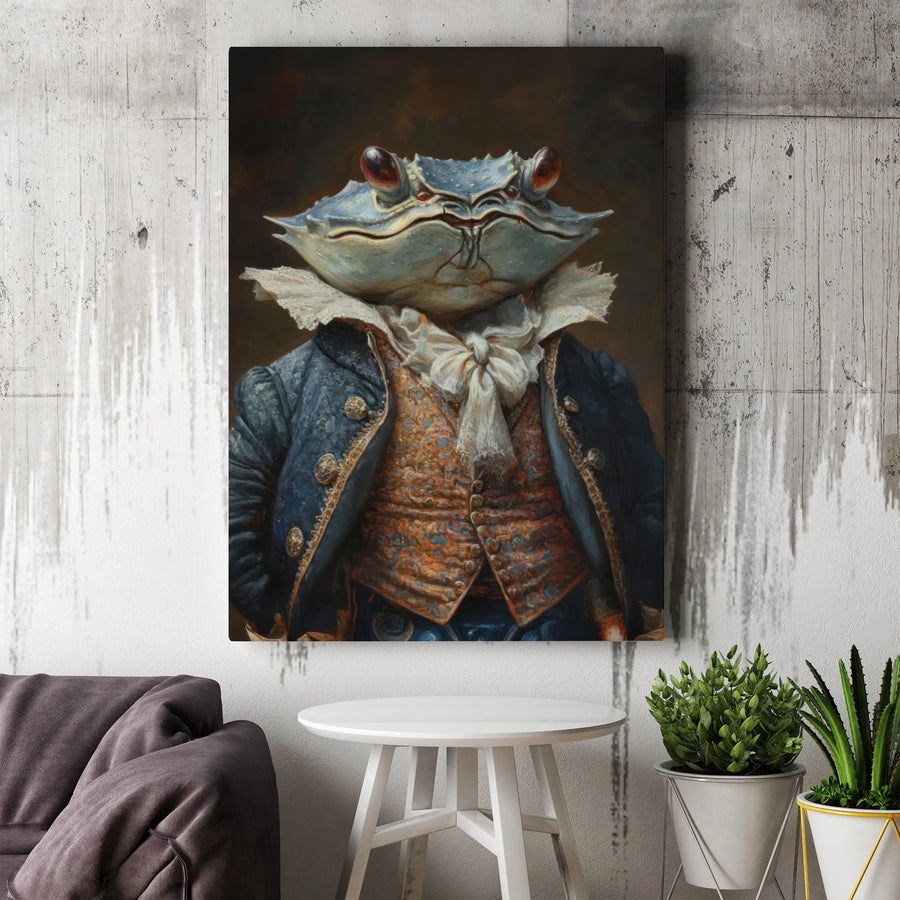Blue Crab Wall Art | Anthropomorphic Aristocrat Portrait | 1.25 Inch Premium Canvas | Unique Gift for Coastal Home Decor