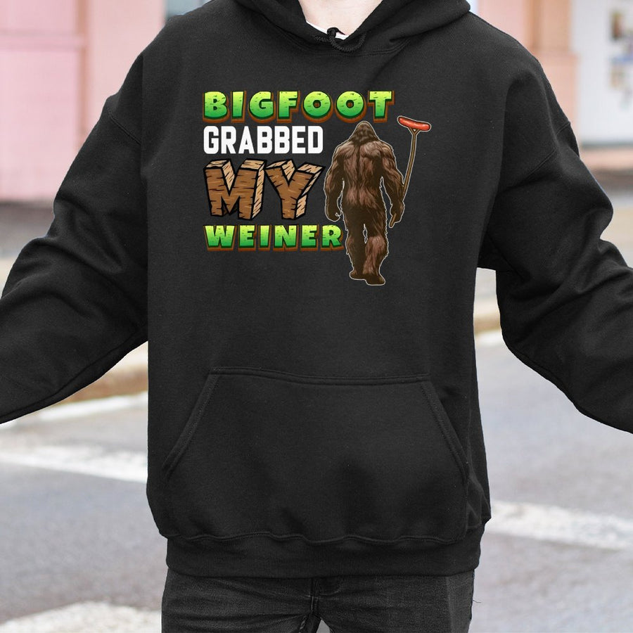 Bigfoot Grabbed My Weiner Hoodie | Funny Sasquatch BBQ Camping Graphic | Cotton Blend Premium Pullover | Gag Gift For Outdoorsy Men And Women