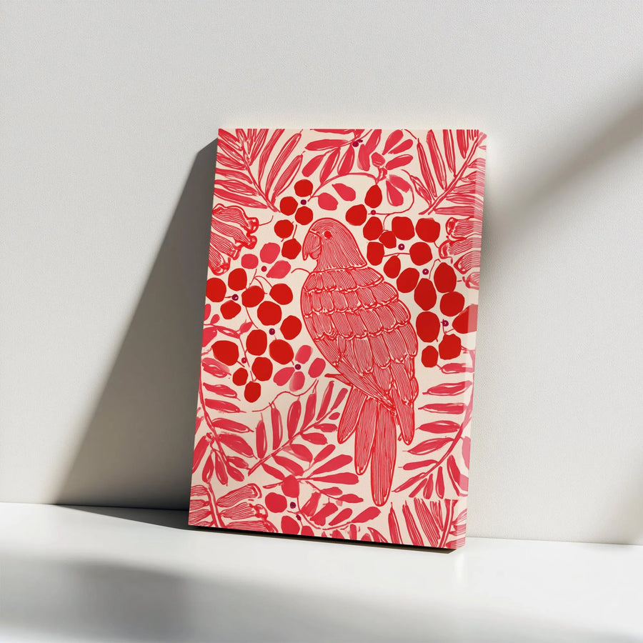 Red Parrot Vertical Canvas | Modern Botanical Illustration | Premium Gallery Wrapped Wall Art | Collector's Gift for Bird Lovers