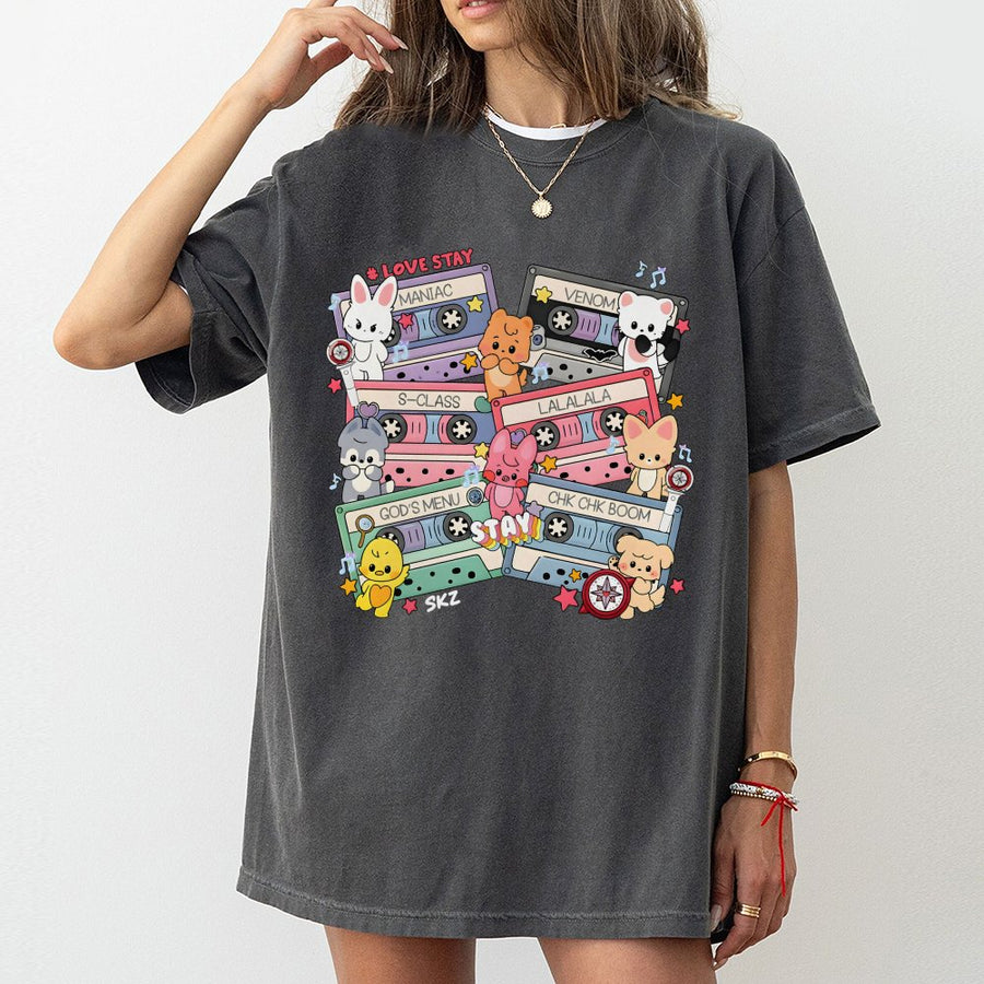 Kpop Cassette Tape T-Shirt | Cute Cartoon Animal Graphic Design | Premium 100% Cotton Tee | Gift for Kpop Fans and Concert Outfits