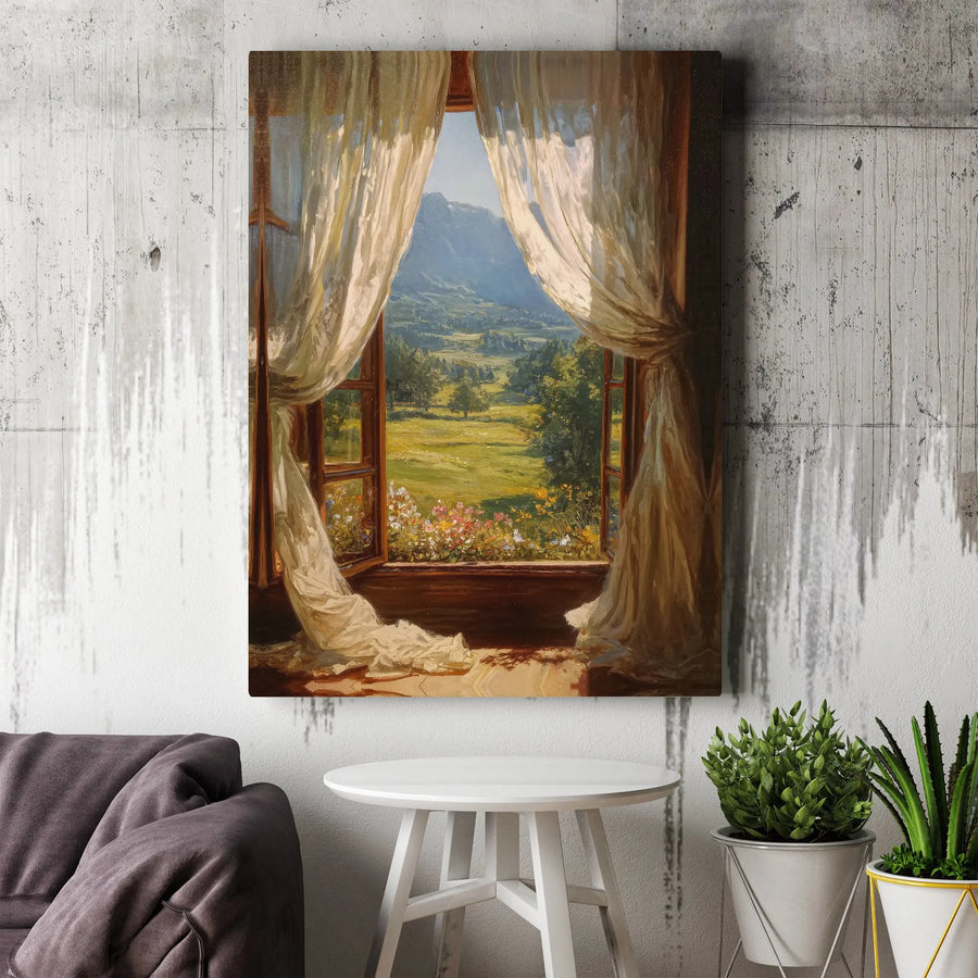 Open Window Canvas Wall Art | Vintage Countryside Landscape Painting | Premium Frameless Canvas Print | Gift for Nature Lover, Living Room Decor