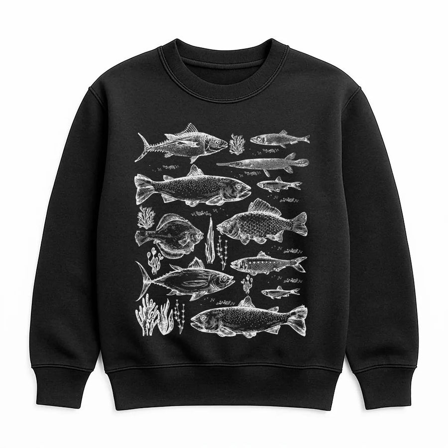 Vintage Fish Illustration Sweatshirt | Scientific Sketch Graphic Print | Premium Cotton Blend Crewneck | Outdoor Fishing Gift For Men & Women