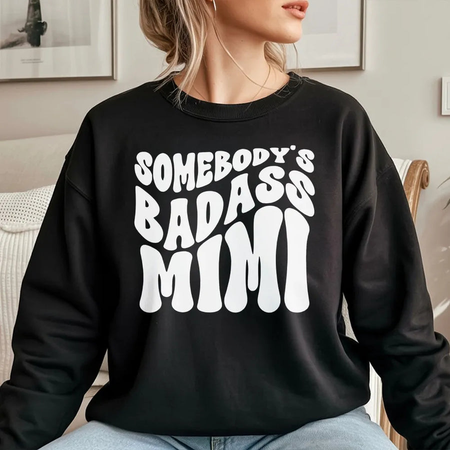 Badass Mimi Sweatshirt | Retro Wavy Text Graphic | Premium Soft Pullover | Funny Mothers Day Gift for Grandma
