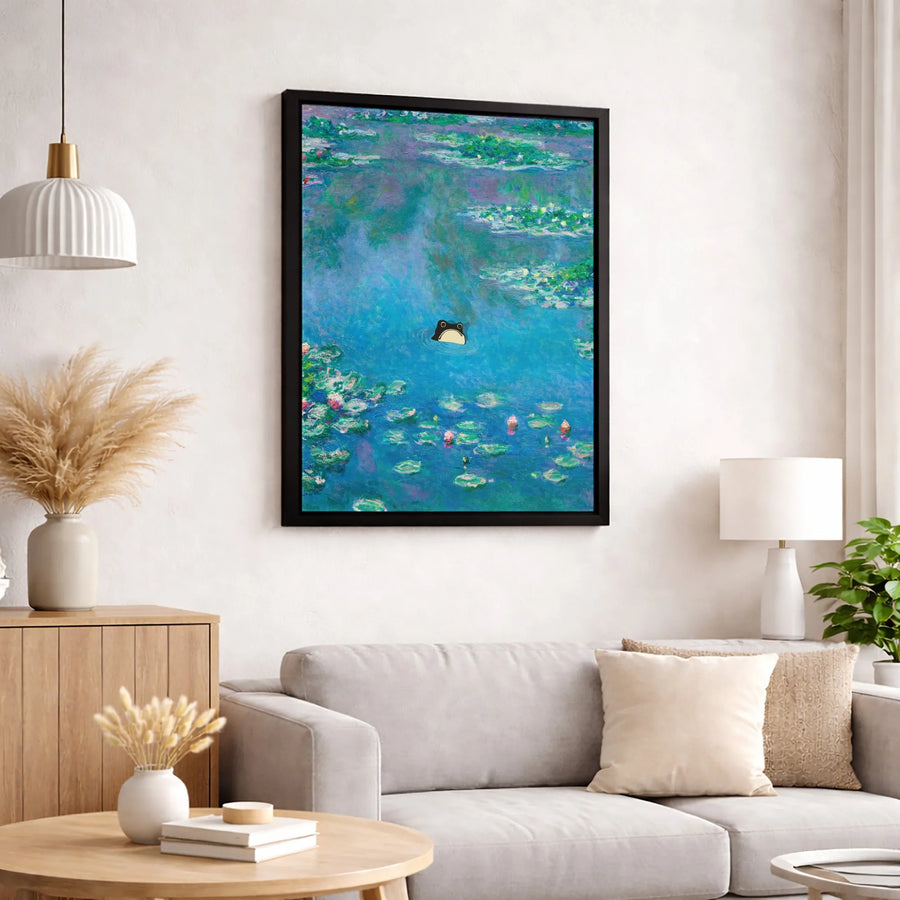 Funny Frog Wall Art | Impressionist Water Lilies Pond Canvas | Premium Gallery Wrap Print | Whimsical Nature Decor For Home Office