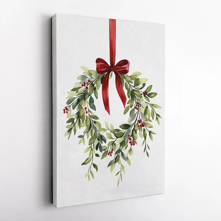 Watercolor Christmas Wreath Canvas Wall Art | Festive Red Bow and Holly Berries | Gallery Wrap Premium Print | Holiday Farmhouse Home Decor