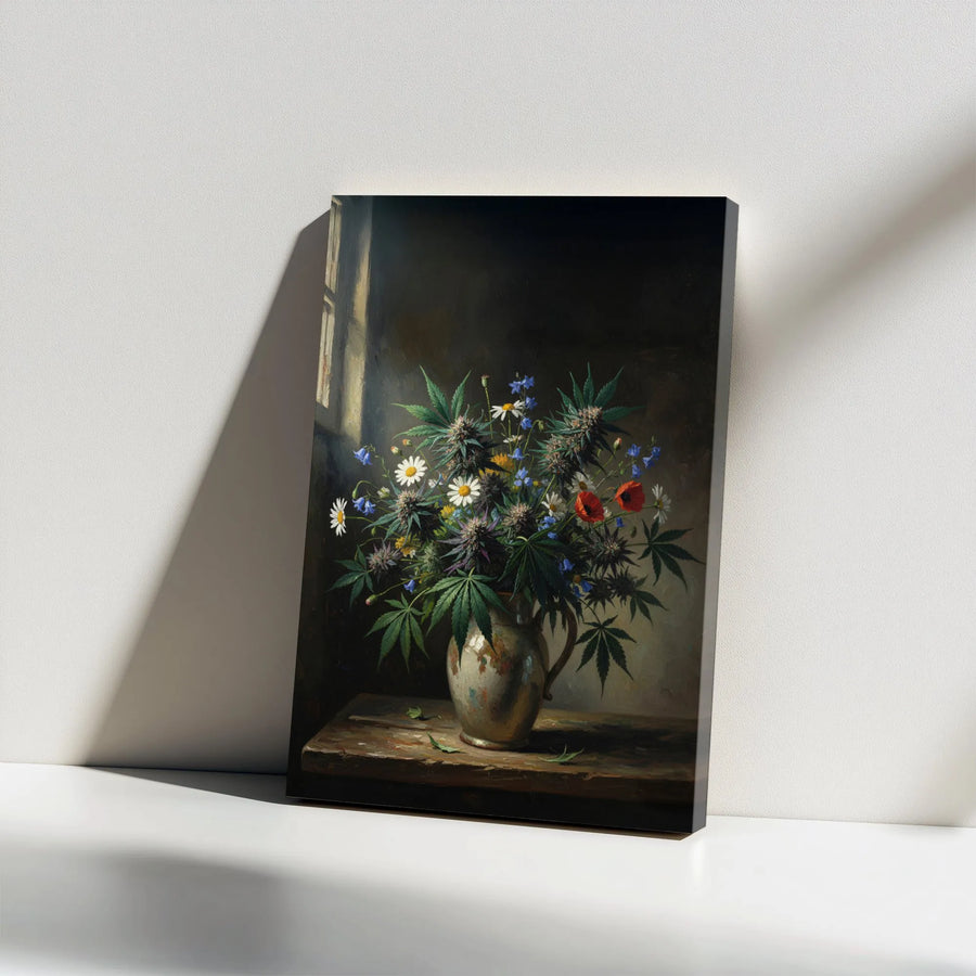 Marijuana Still Life Wall Art | Vintage Cannabis & Wildflower Bouquet Painting | Premium Canvas Print | Unique Stoner Home Decor Gift for Art Lovers