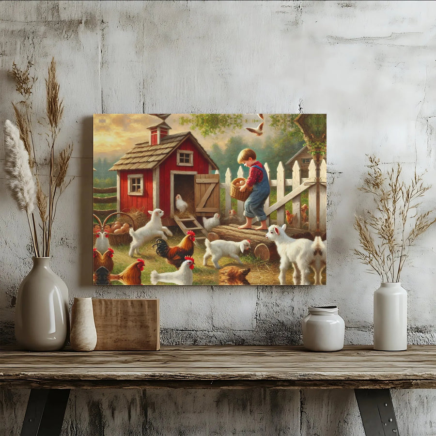 Farm Life Canvas Print | Rustic Country Boy with Baby Goats and Chickens | 1.25 Inch Gallery Wrap | Charming Nursery or Kitchen Wall Decor
