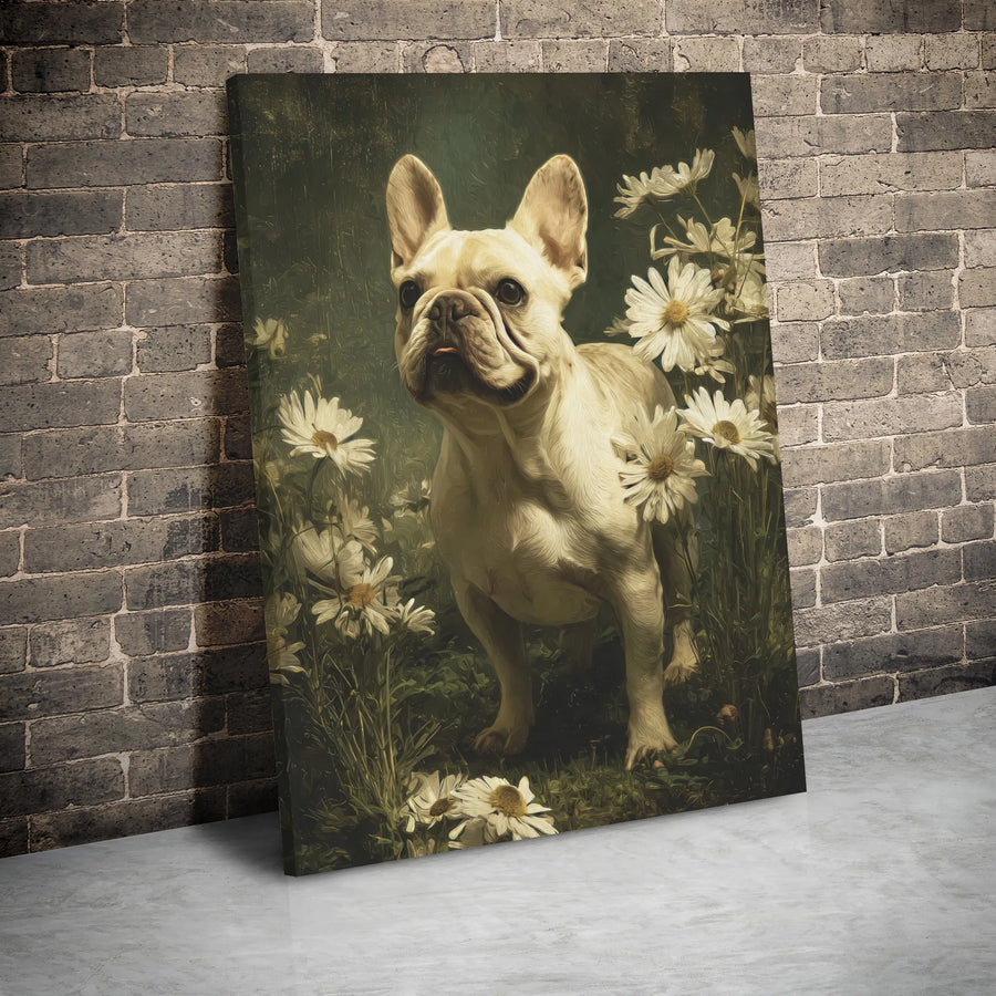 French Bulldog Canvas Wall Art | Vintage Floral Daisy Painting | Premium Gallery Wrap Print | Dog Lover Home Decor Gift