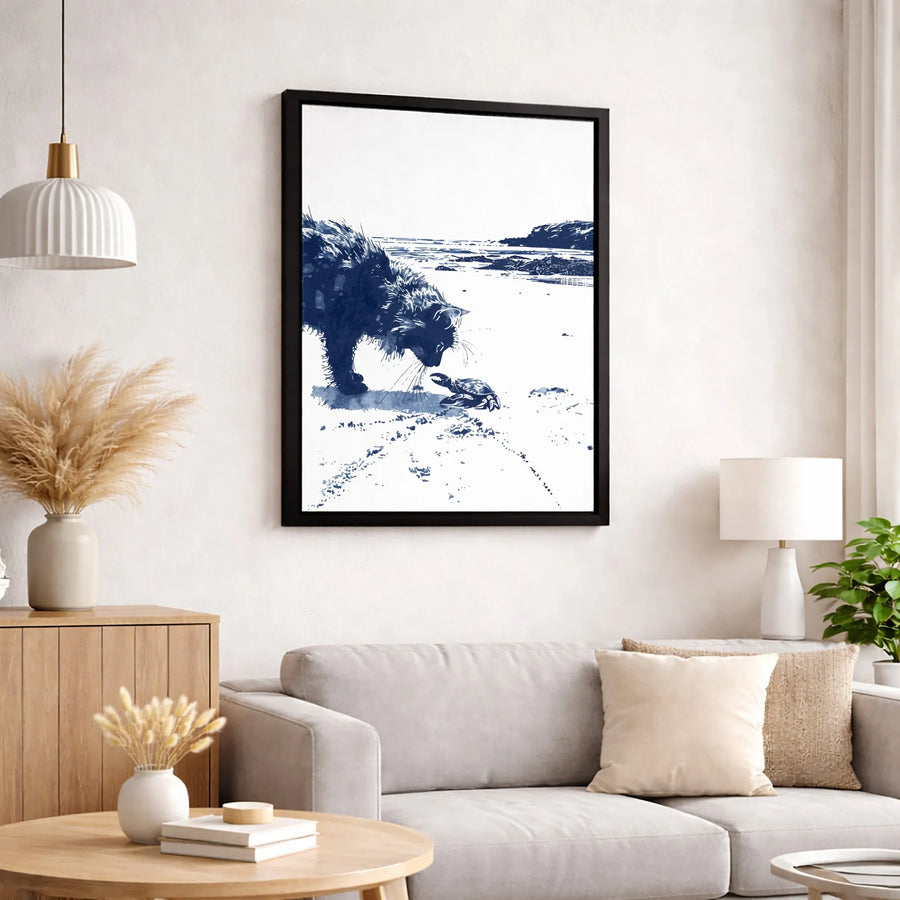 Cat and Crab Beach Canvas Art | Blue Ink Wash Coastal Wall Decor | Premium 1.25-inch Gallery Wrapped Print | Unique Ocean Life Gift for Cat Lovers