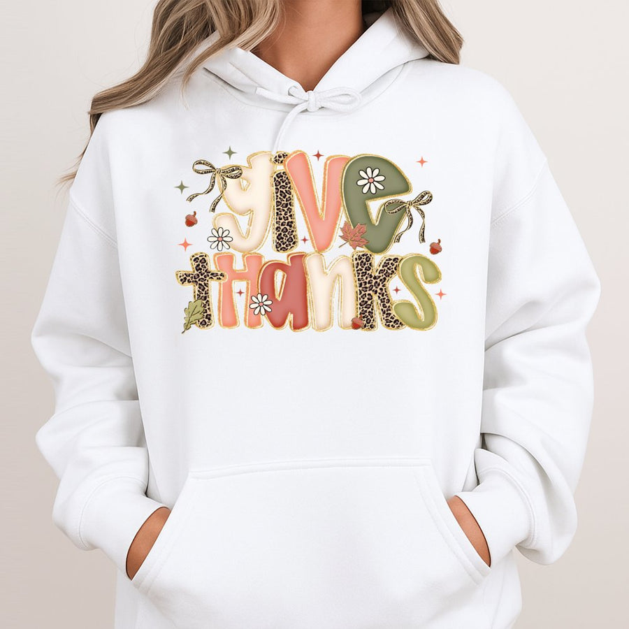 Give Thanks Hoodie | Preppy Leopard Print Coquette Bow Design | Premium Soft Cotton Blend | Fall Thanksgiving Gift For Women