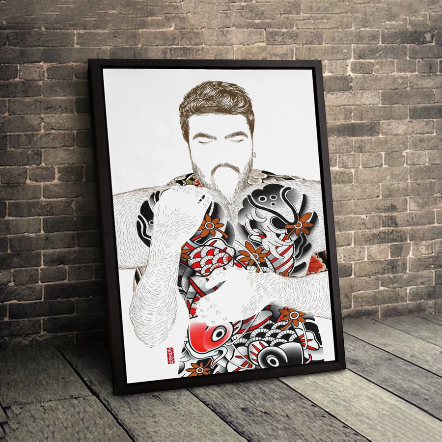 Japanese Koi Tattoo Art Canvas | Bearded Man Illustration | Premium Gallery Wrapped Print | Masculine Wall Decor for Modern Home