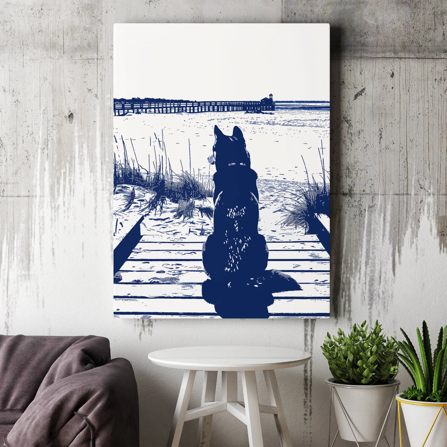 Dog On Boardwalk Canvas Art | Coastal Blue Silhouette Wall Decor | Gallery-Wrapped Premium Print | Dog Lover Gift For Home Office