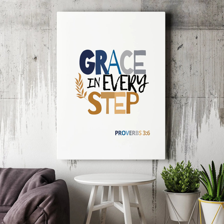 Grace In Every Step Wall Art | Proverbs 3:6 Scripture Print | Gallery Quality 1.25 Inch Canvas | Minimalist Christian Home Decor Gift