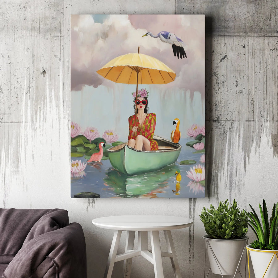 Surreal Woman in Boat Canvas Art | Painterly Scene with Umbrella & Flamingo | Premium Thick Gallery Wrapped Canvas | Eclectic Home Decor Gift for Her