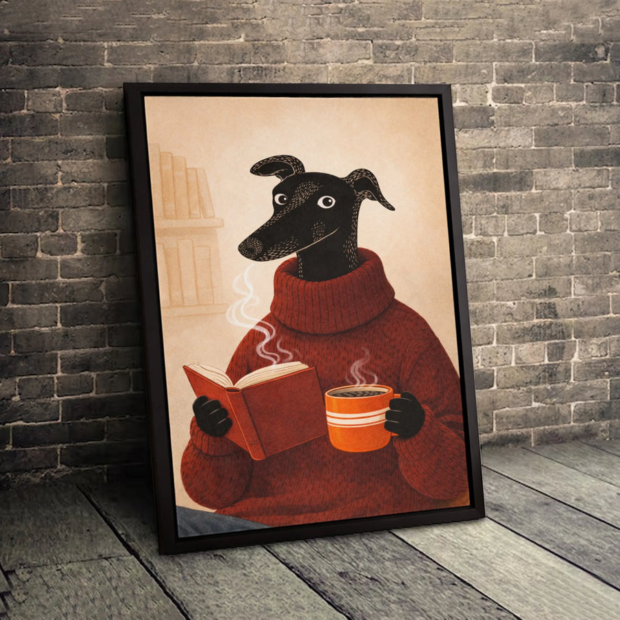 Greyhound Dog Reading Book Canvas Wall Art | Cozy Academic Animal Portrait | Premium Gallery-Wrapped Print | Gift For Dog Lovers & Bookworms