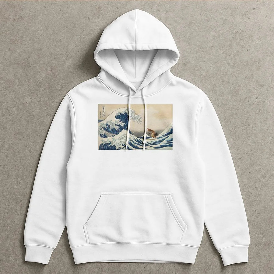 Japanese Art Wave Chicken Hoodie | Funny Rooster Surfing Graphic | Premium Cotton Blend | Unisex Streetwear Gift for Animal Lovers