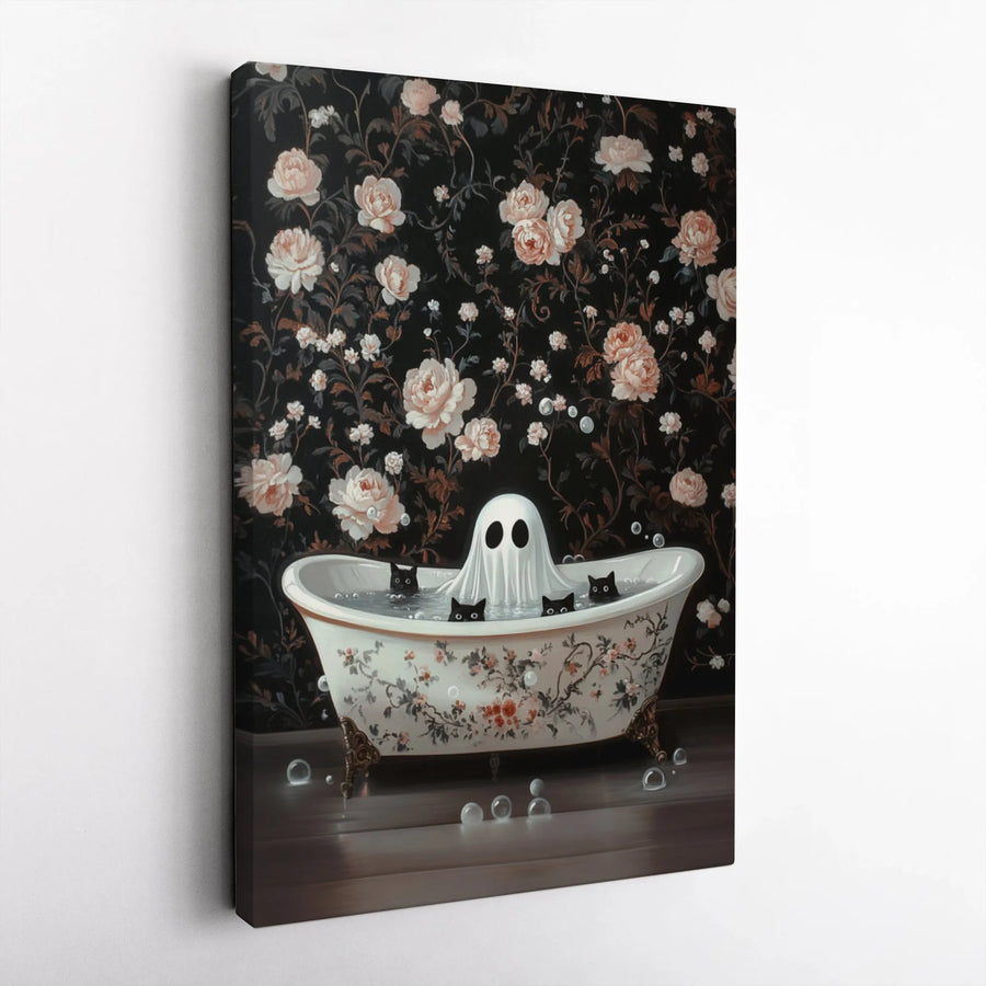 Ghost In Bathtub With Black Cats Canvas | Spooky Floral Gothic Wall Art | Premium Gallery Wrapped Decor | Whimsical Halloween Gift For Home