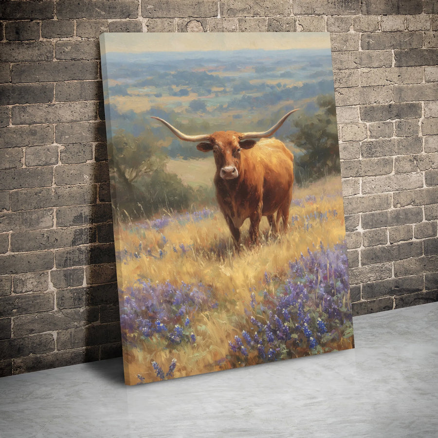 Texas Longhorn Canvas Wall Art | Hill Country Bluebonnet Meadow Landscape | Premium Gallery Wrap Print | Rustic Farmhouse Decor Gift