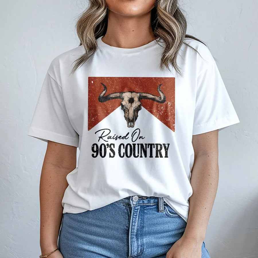 Raised On 90s Country T-Shirt | Vintage Western Cow Skull Graphic | Soft Cotton Blend | Gift for Country Music Fan, Retro Cowboy Apparel