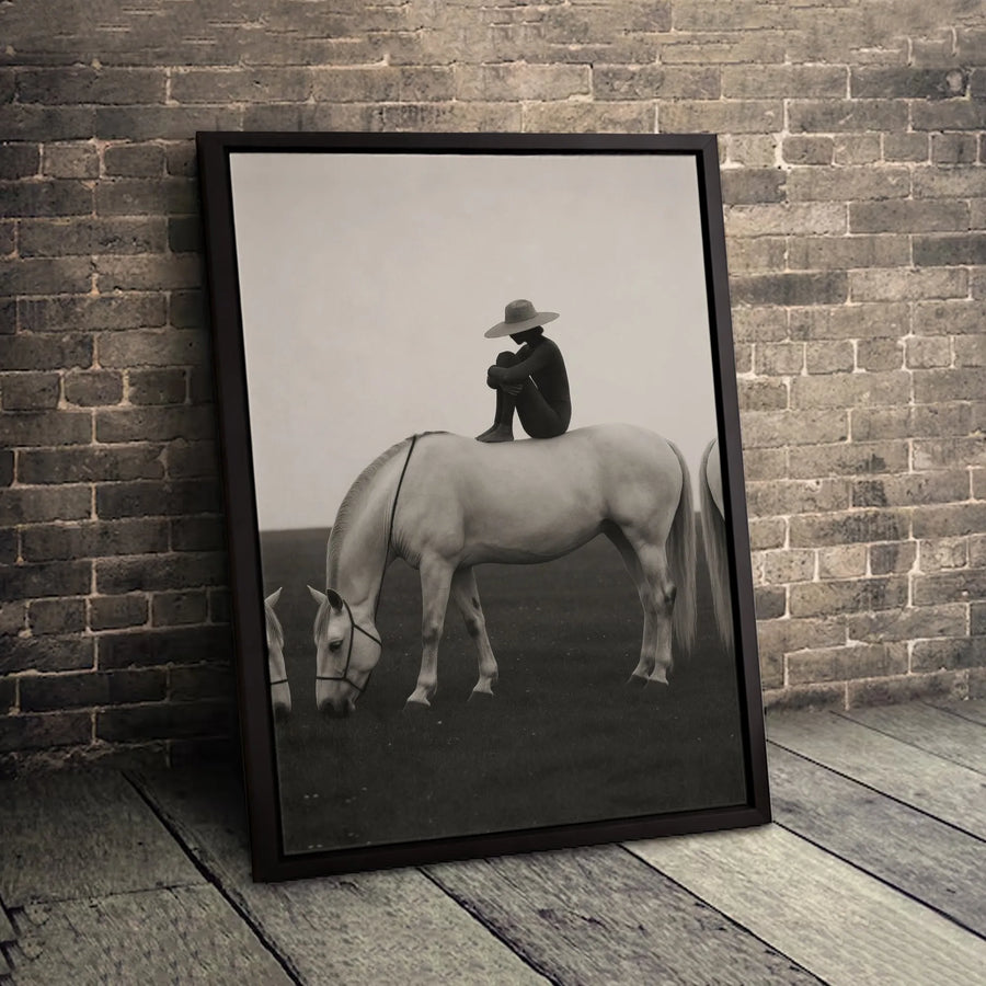 Horse Riding Wall Art | Minimalist Black and White Equestrian Portrait | Premium Gallery Canvas | Western Home Decor Gift