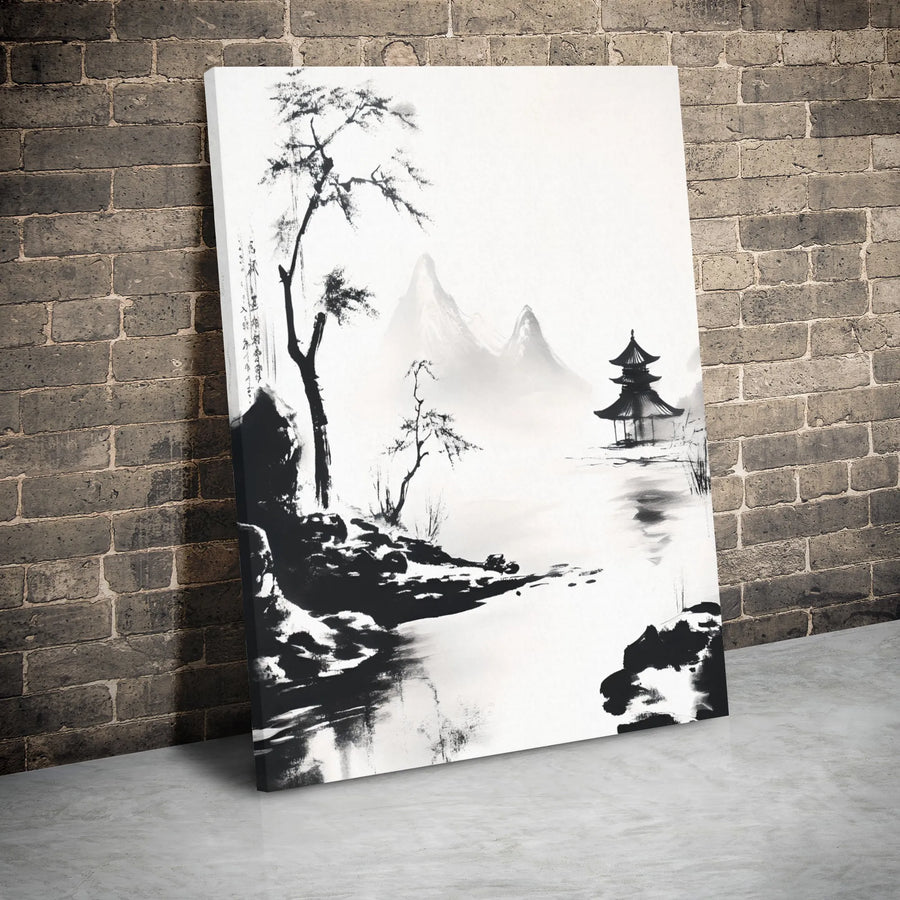 Japanese Ink Wash Painting Canvas | Black and White Pagoda Landscape | Premium Gallery Wrap Wall Art | Zen Home Decor for Living Room