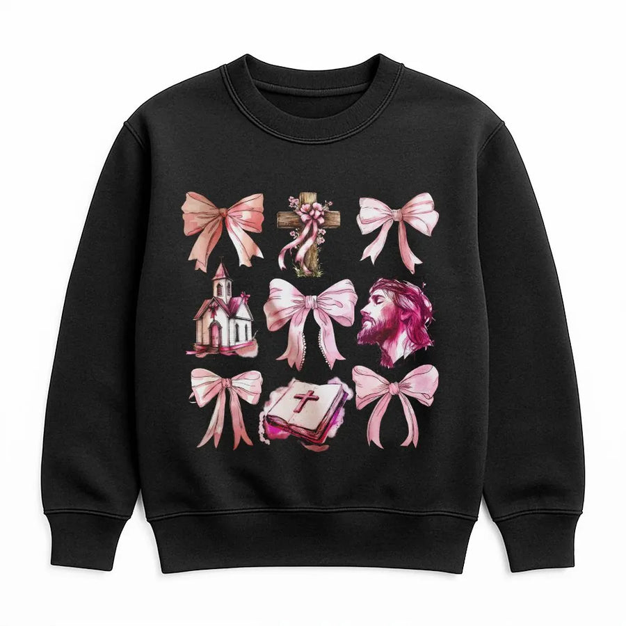 Jesus Coquette Bow Sweatshirt | Aesthetic Christian Cross Graphic | Premium Cotton Blend | Faith-Based Religious Gift For Her