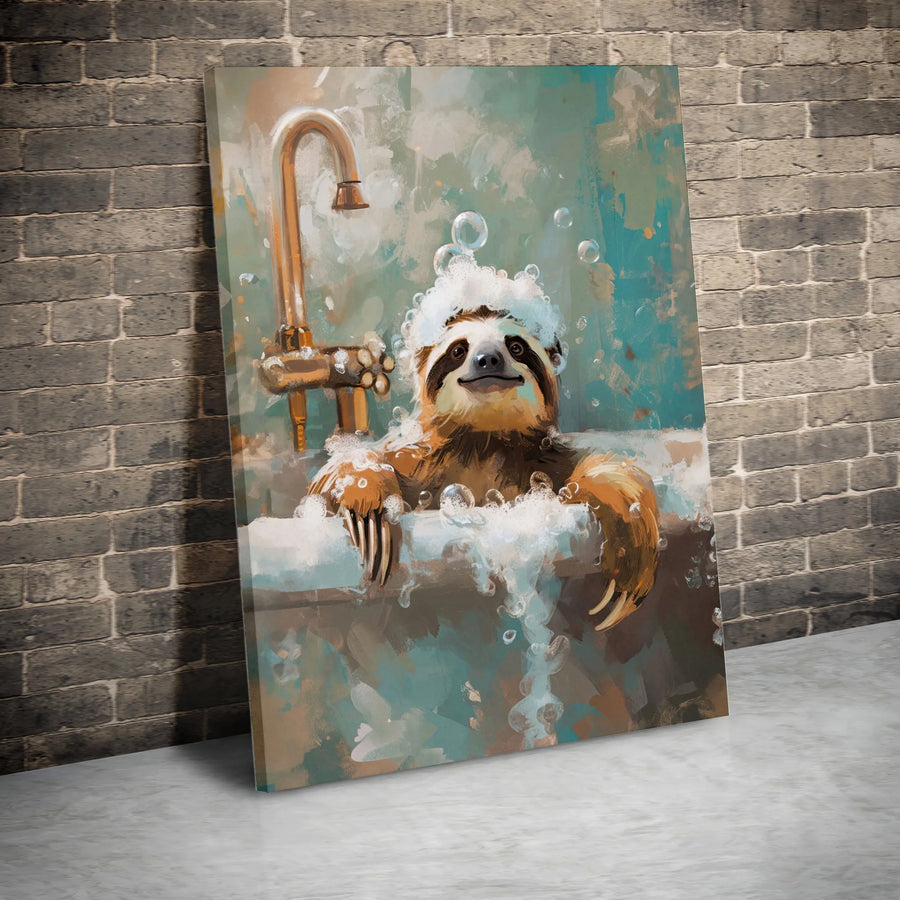 Funny Sloth Bubble Bath Wall Art | Whimsical Bathroom Decor Canvas | Premium Gallery Wrapped Print | Unique Animal Home Decor Gift