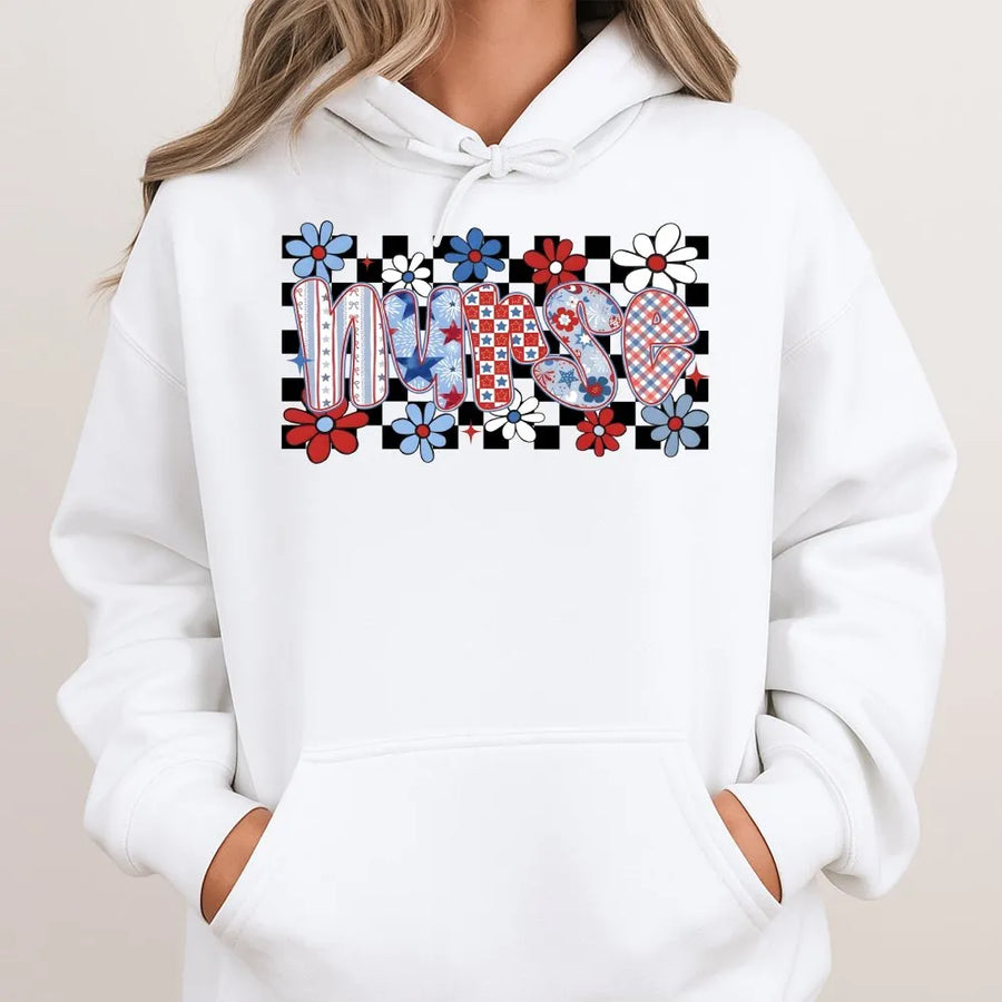 Patriotic Nurse Hoodie | USA Flag Floral Graphic | Soft Cotton Blend Sweatshirt | 4th of July Gift for Nurse