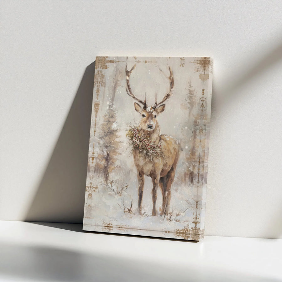 Rustic Winter Deer Canvas | Christmas Wreath Snowy Forest Wall Art | Premium Gallery Wrapped Decor | Holiday Farmhouse Home Gift