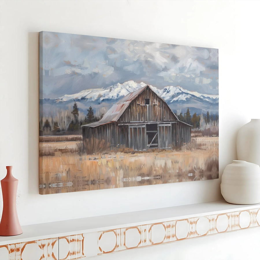 Rustic Barn Canvas Print | Snow Capped Mountains Landscape Art | Gallery Wrapped Premium Wall Decor | Farmhouse Living Room Artwork