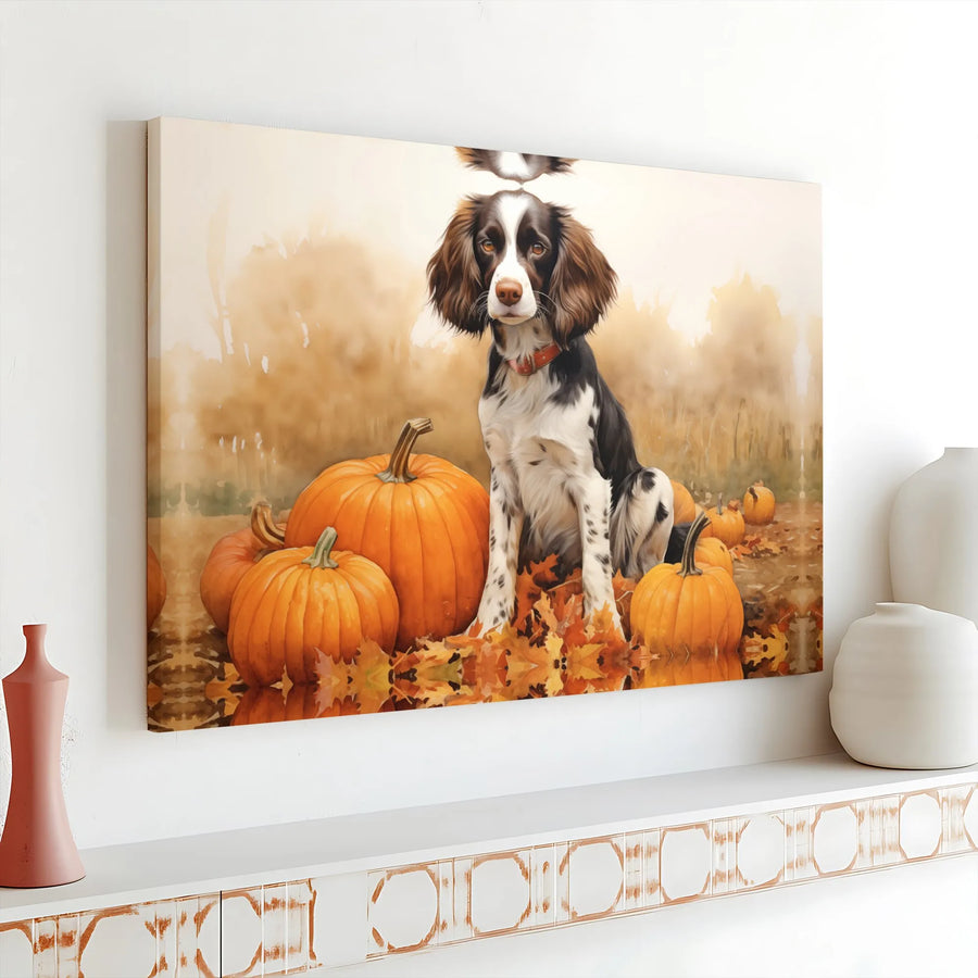 English Springer Spaniel Wall Art | Autumn Pumpkin Patch Watercolor Print | Gallery Wrapped Canvas | Fall Dog Lover Gift
