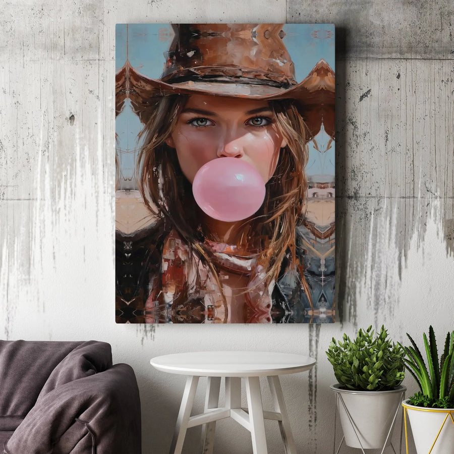 Cowgirl Canvas Wall Art | Bubblegum Cowgirl Portrait | Premium Textured Canvas | Modern Western Home Decor Gift