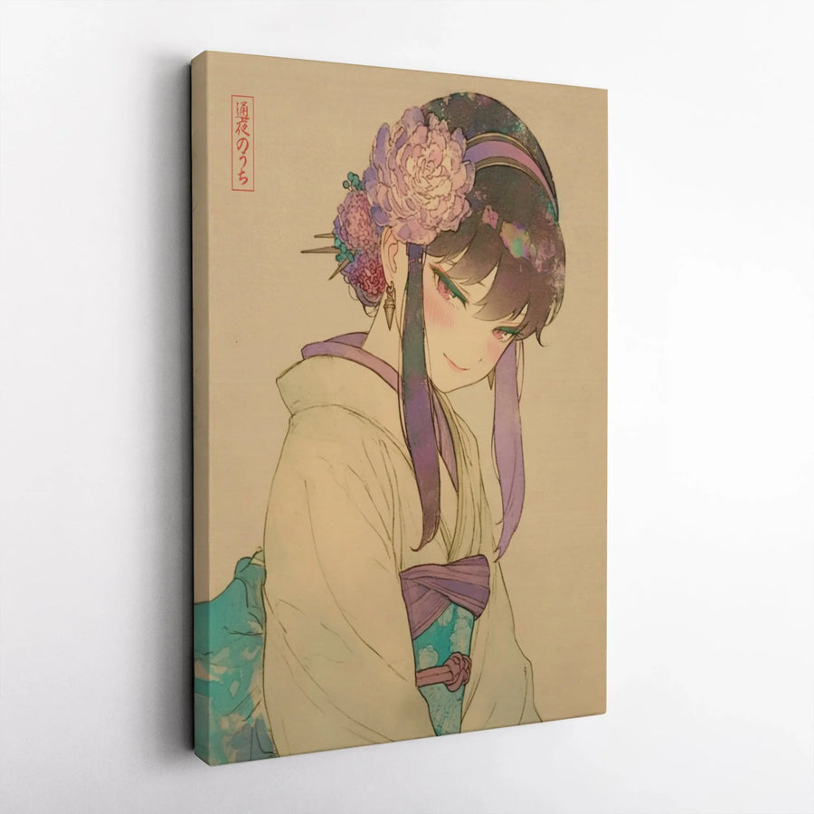 Anime Girl Canvas Print | Floral Kimono Illustration | 1.25-Inch Premium Gallery Wrap | Japanese Aesthetic Wall Art Decor Gift