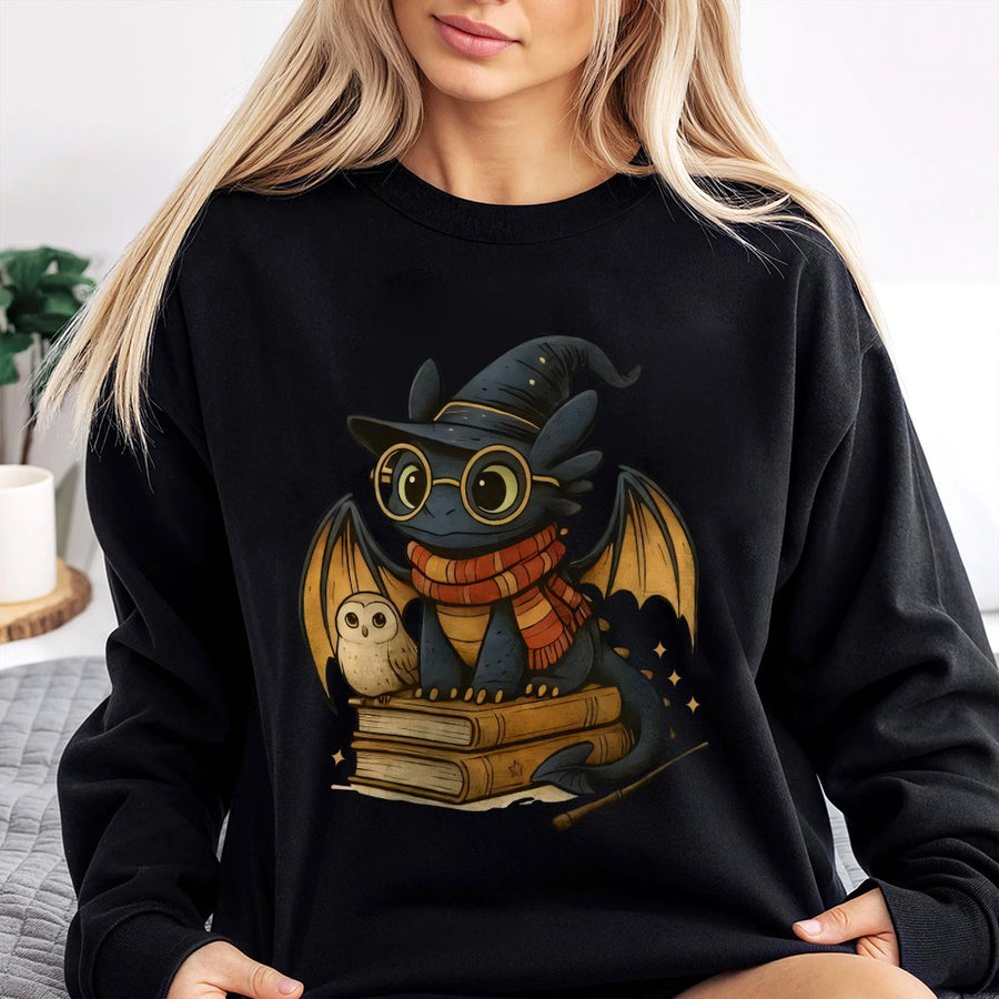 Wizard Dragon Sweatshirt | Cute Fantasy Creature Reading Books | Soft Cotton Blend Graphic Crewneck | Book Lover Gift for Men Women