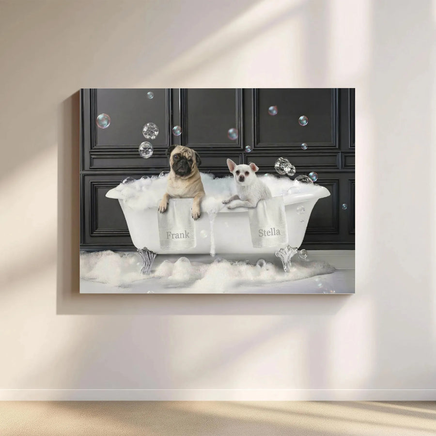 Funny Dog Bathroom Canvas Art | Pug and Chihuahua in a Bubble Bath Portrait | Premium Gallery Wrapped Print | Unique Wall Decor Gift for Pet Lovers