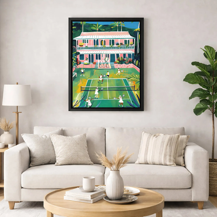 Tennis Court Wall Art | Tropical Pink Clubhouse Painting | Premium Gallery Wrap Canvas | Sports Decor Gift For Tennis Lovers