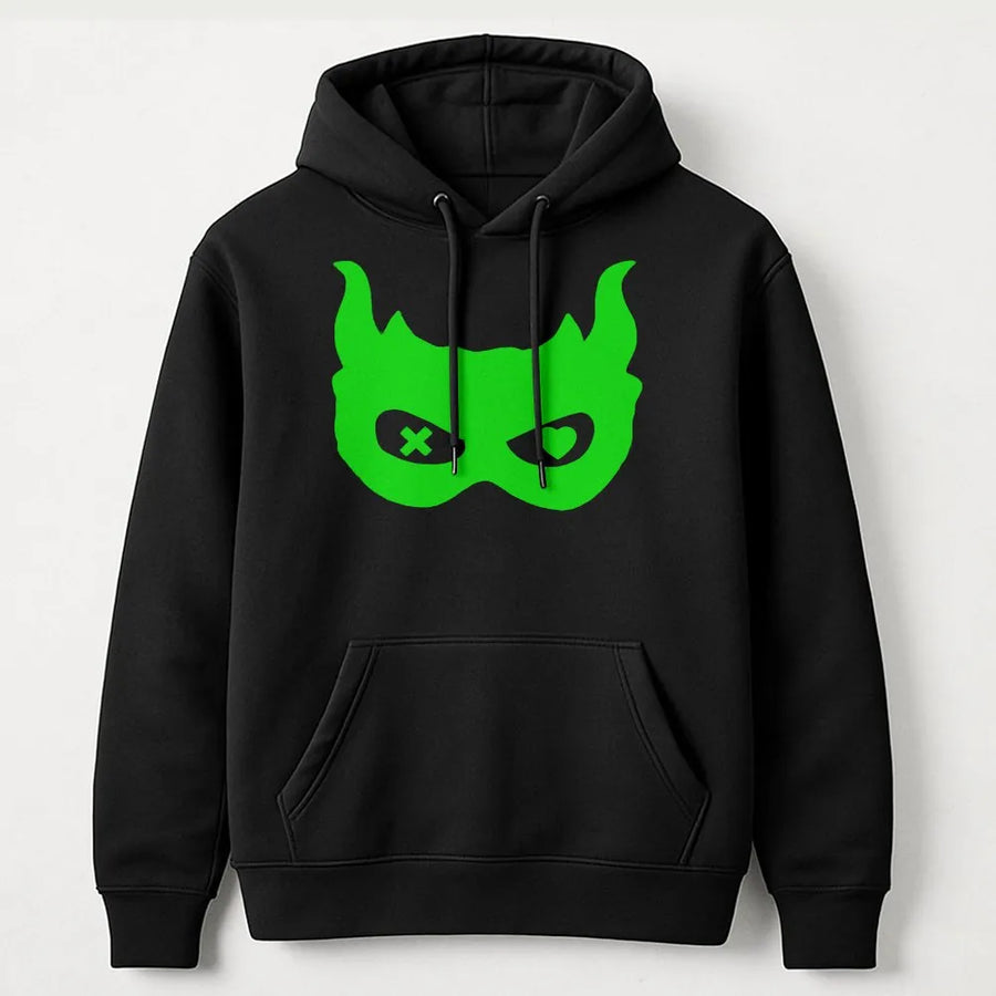 Devil Mask Graphic Hoodie | Heart and X Eyes Neon Print | Soft Cotton Hoodie | Unique Unisex Streetwear Gift