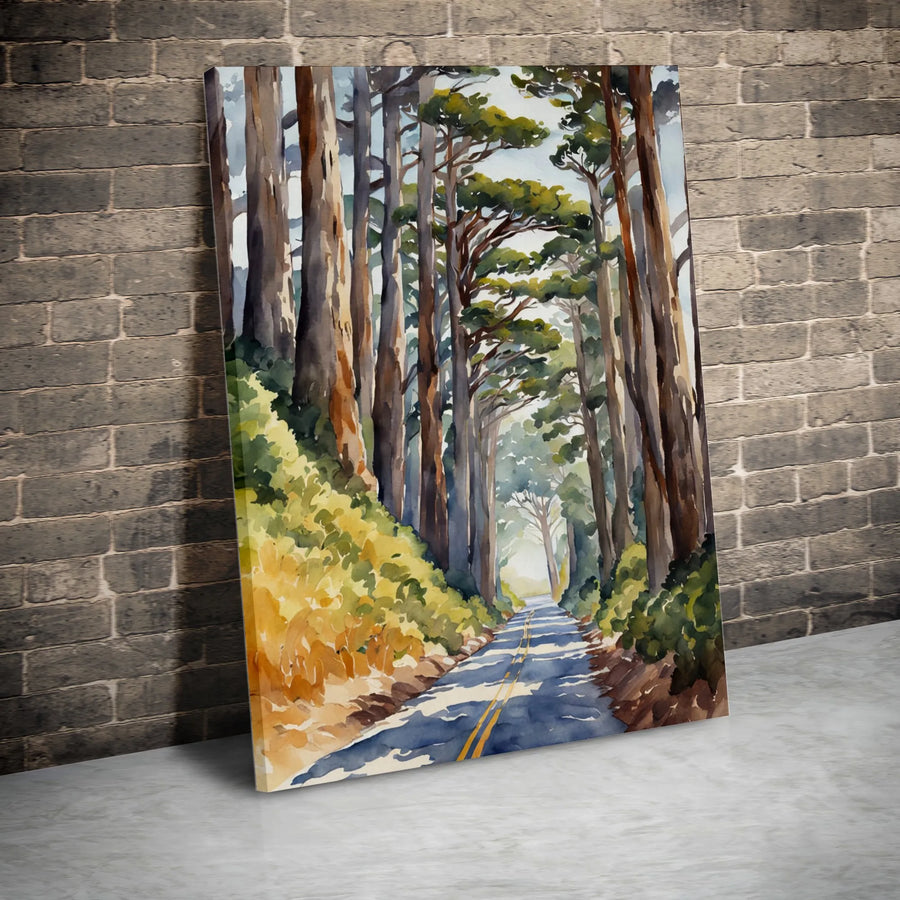 Watercolor Forest Road Vertical Canvas | Tall Trees Nature Landscape Painting | Premium 1.25" Gallery Quality Wall Art | Modern Home Living Room Decor Gift