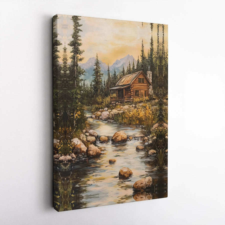 Rustic Log Cabin Canvas Wall Art | Oil Painting Style Forest River Print | Thick Gallery Wrap Canvas | Lodge & Cabin Decor Gift