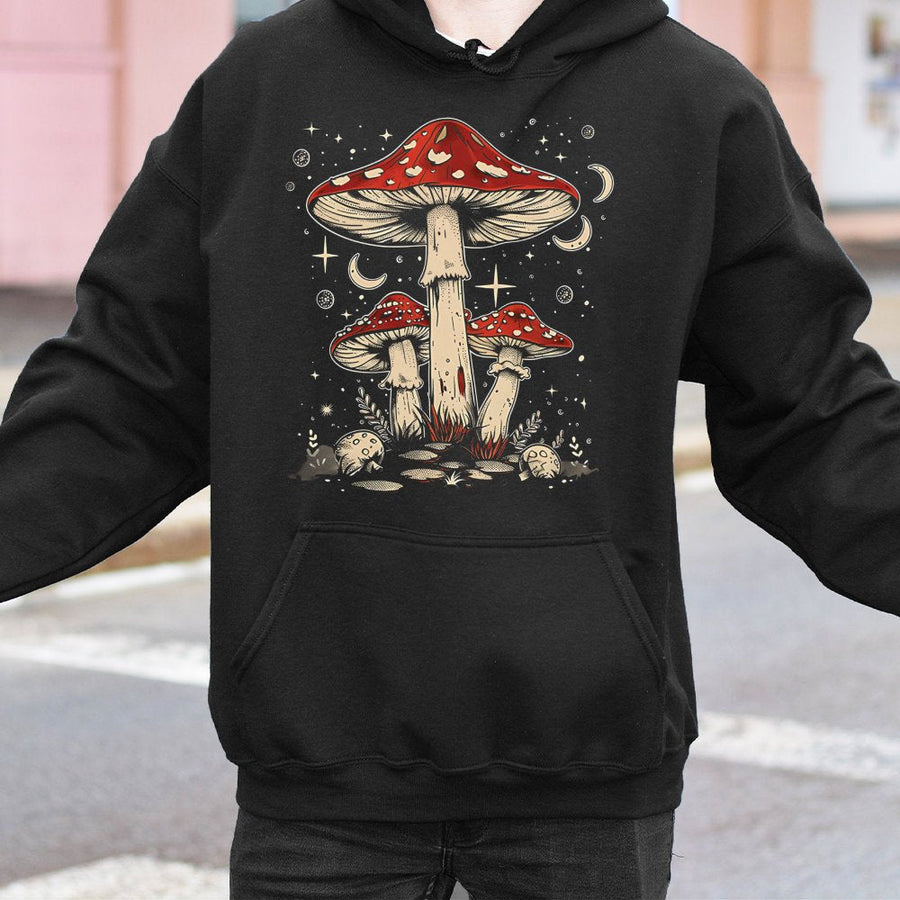 Celestial Mushroom Hoodie | Retro Boho Botanical Graphic Design | Soft Cotton-Blend Premium Quality | Cottagecore Gift for Mushroom Lovers