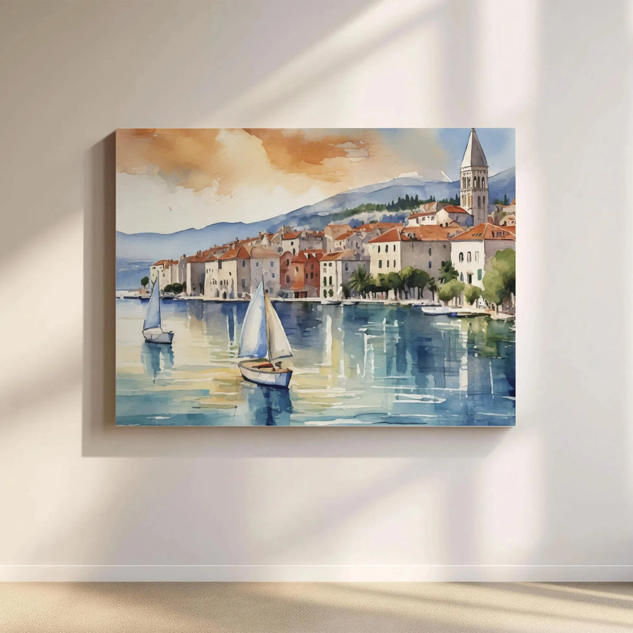 Mediterranean Coastal Town Canvas Print | Watercolor Sailboat Harbor Art | 1.25 Inch Gallery Wrap | Premium Nautical Wall Decor for Home