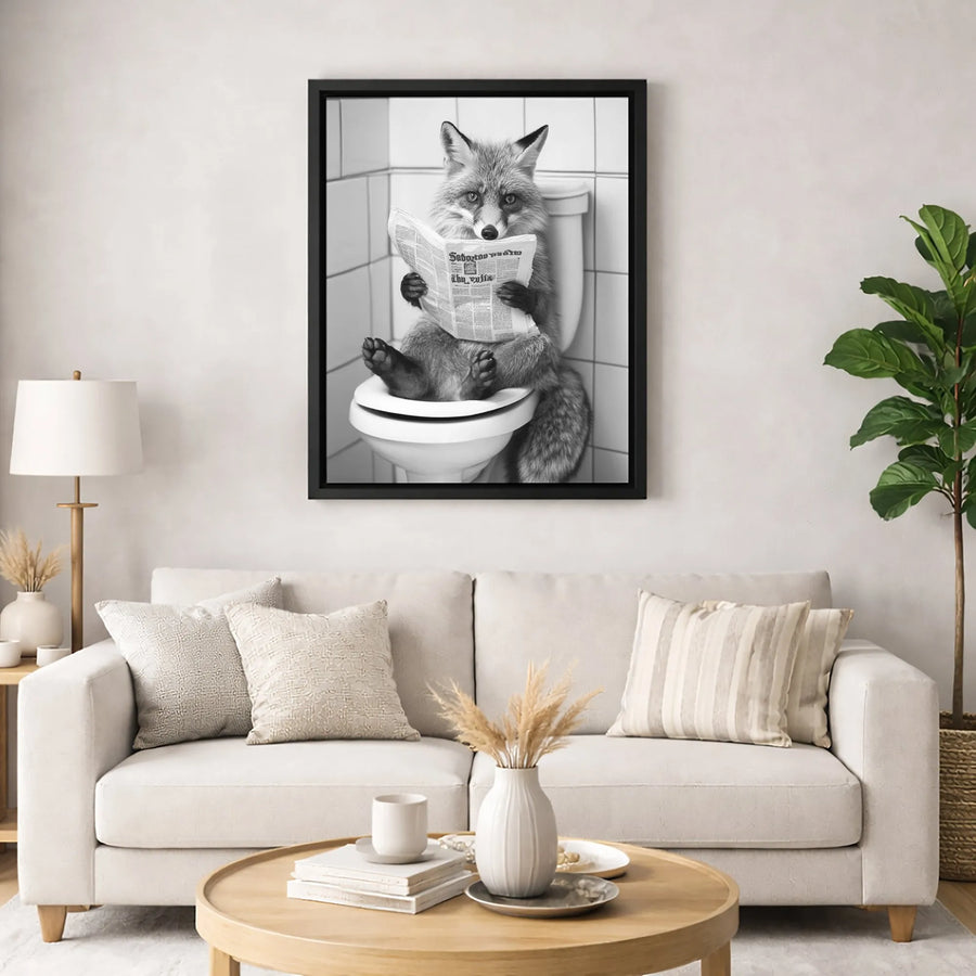 Fox on Toilet Reading Newspaper Canvas | Funny Animal Bathroom Wall Art | Premium Gallery Wrapped Print | Quirky Gift for Bathroom Decor